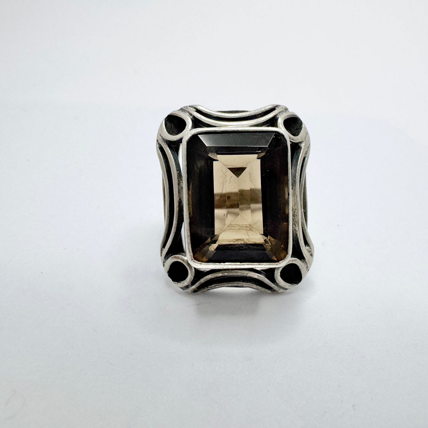 Vintage 1940s. Sterling Silver Smoky Quartz Cocktail Ring.