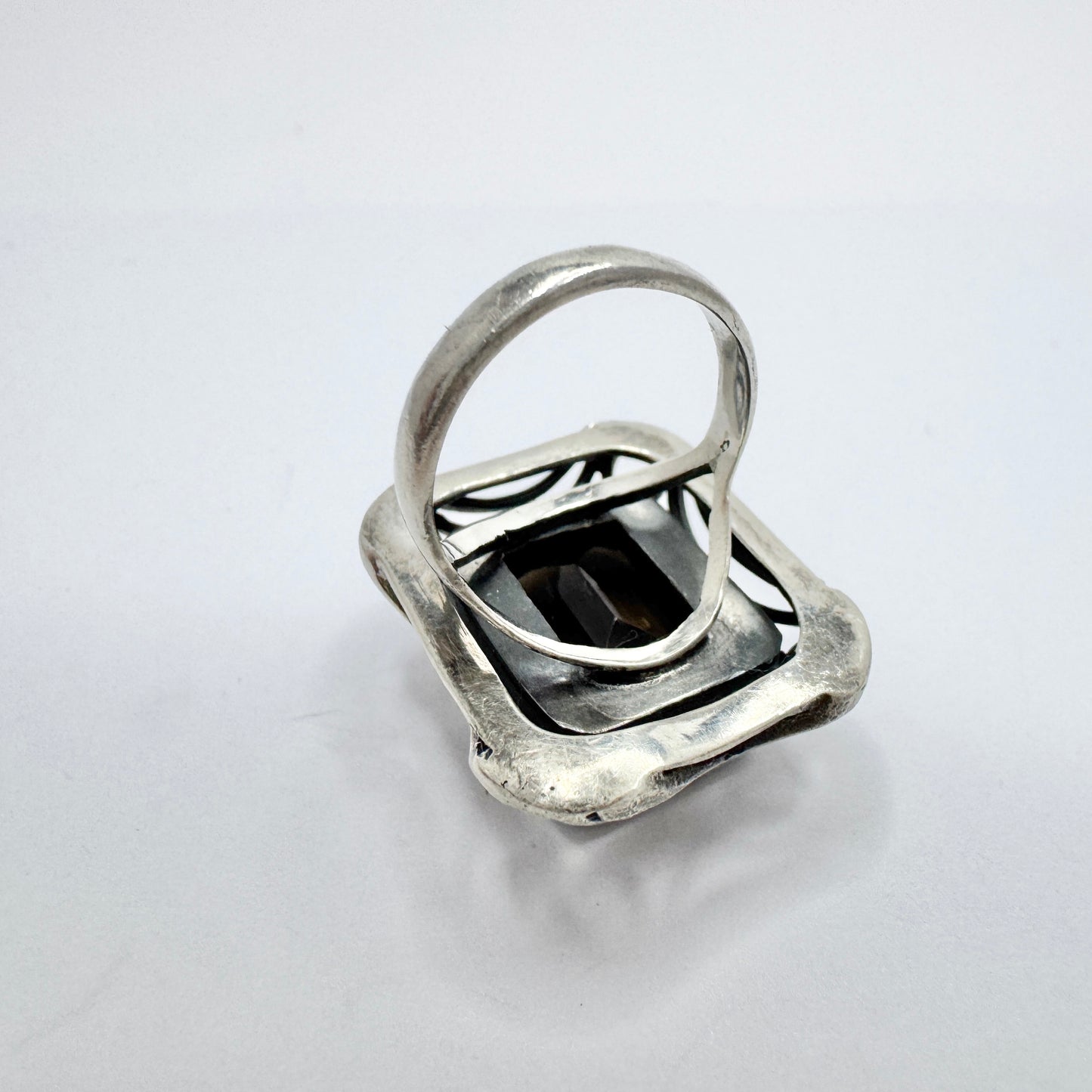 Vintage 1940s. Sterling Silver Smoky Quartz Cocktail Ring.