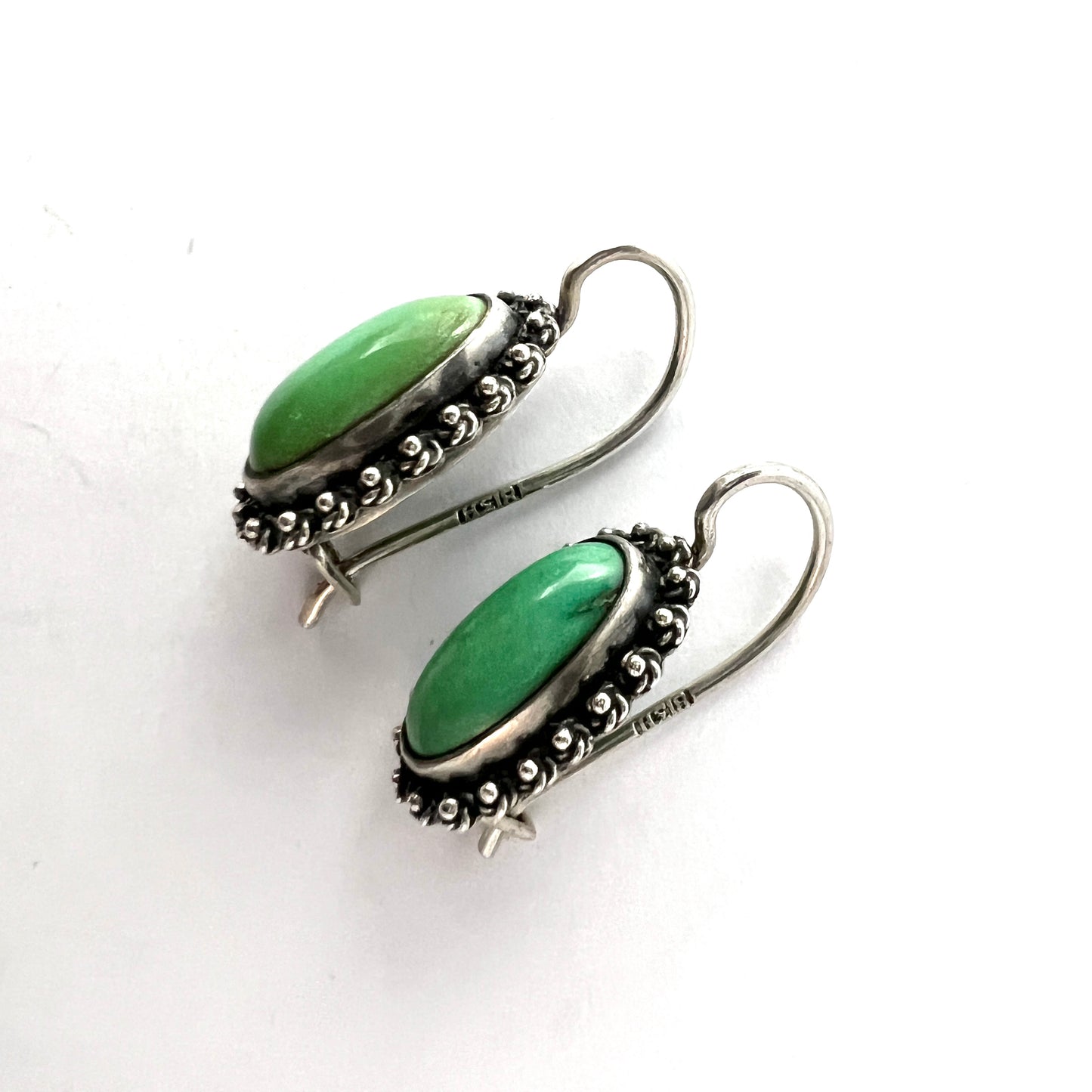 Finland c 1960s. Solid Silver Green Turquoise Earrings.