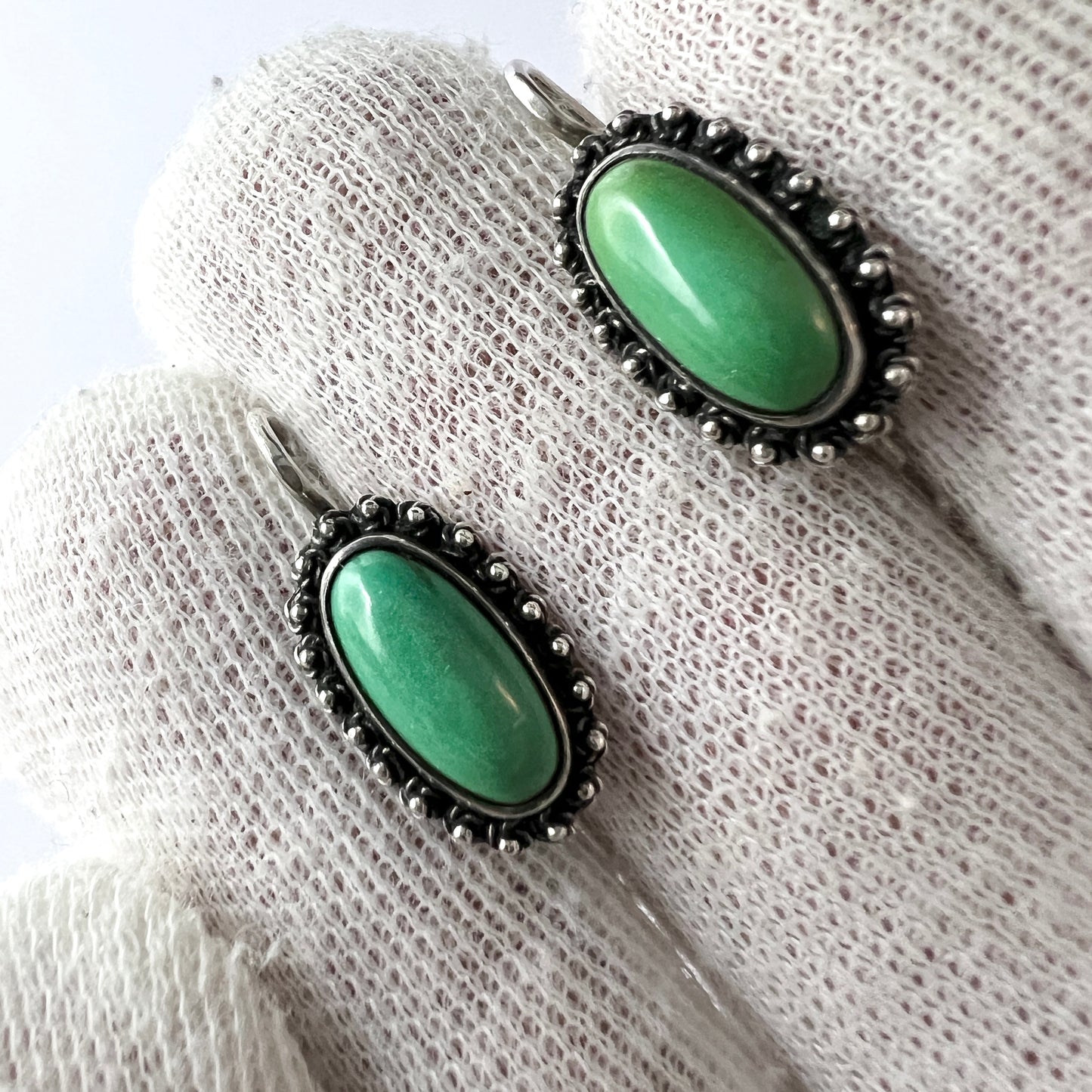 Finland c 1960s. Solid Silver Green Turquoise Earrings.