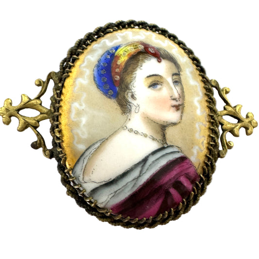 Antique Painted Enamel Brooch.