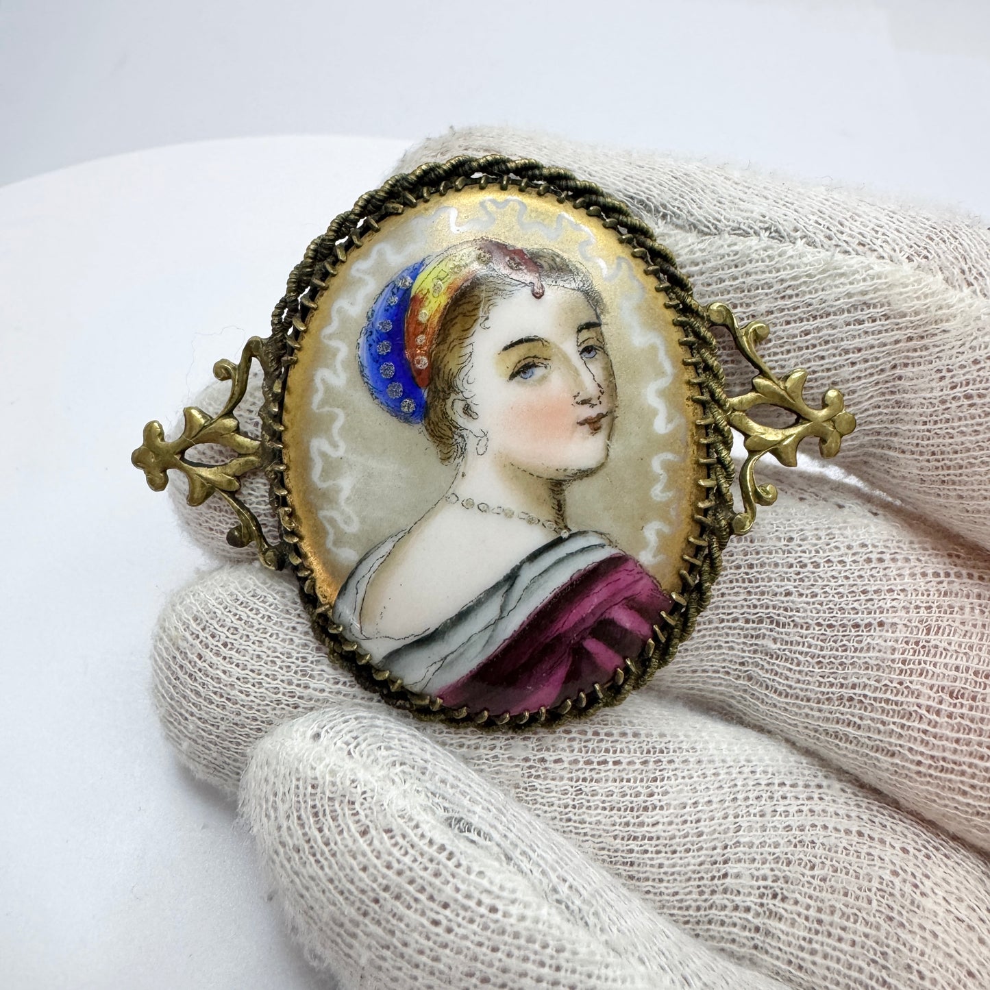 Antique Painted Enamel Brooch.