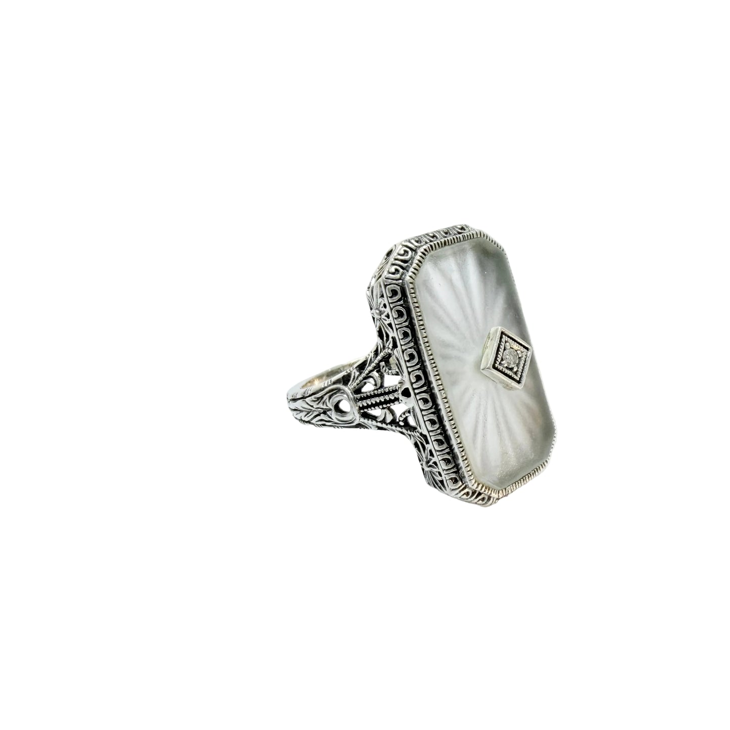 Vintage Sterling Silver Diamond Camphor glass Art Deco-style Ring.