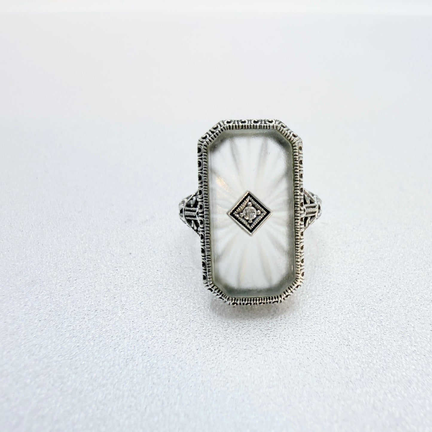 Vintage Sterling Silver Diamond Camphor glass Art Deco-style Ring.