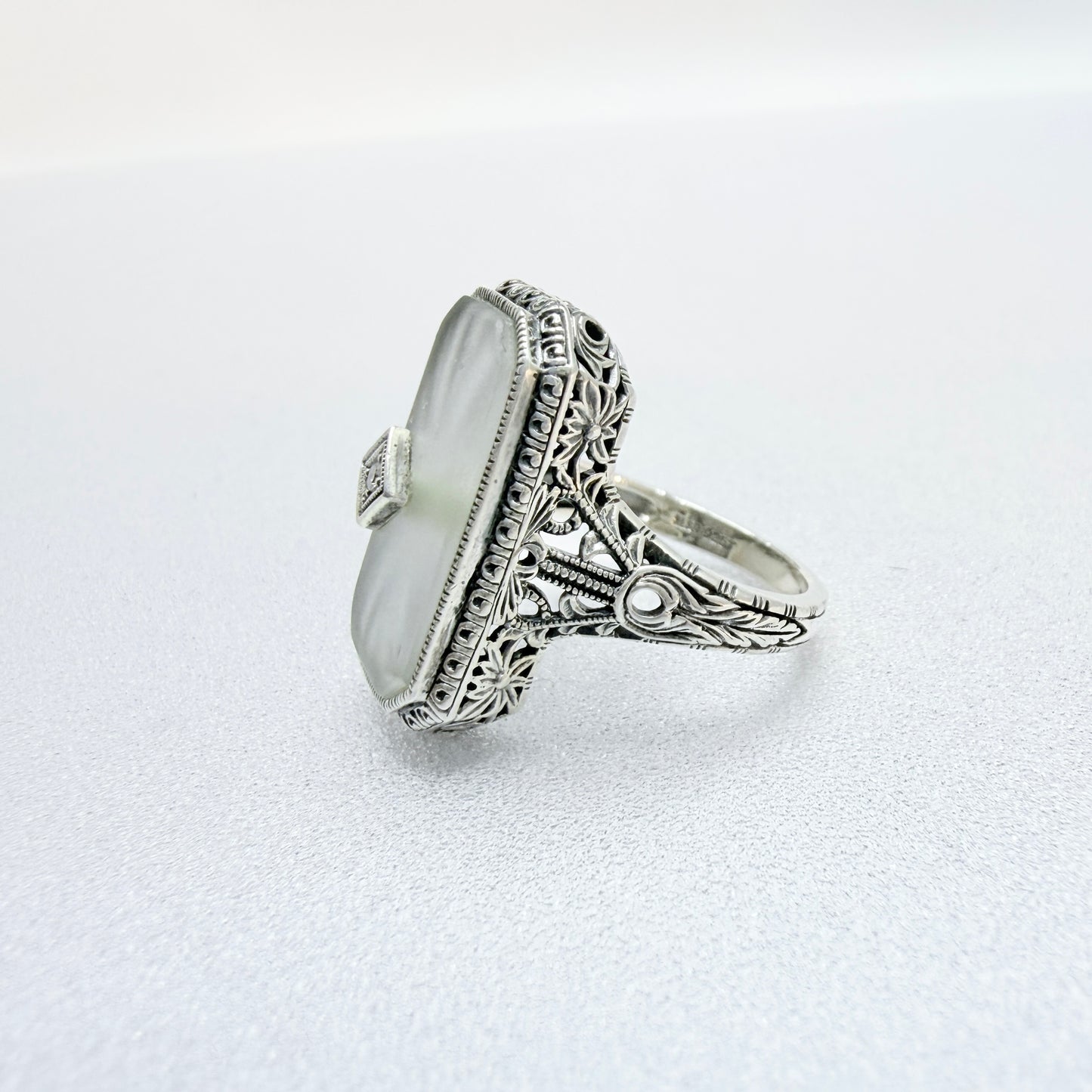Vintage Sterling Silver Diamond Camphor glass Art Deco-style Ring.