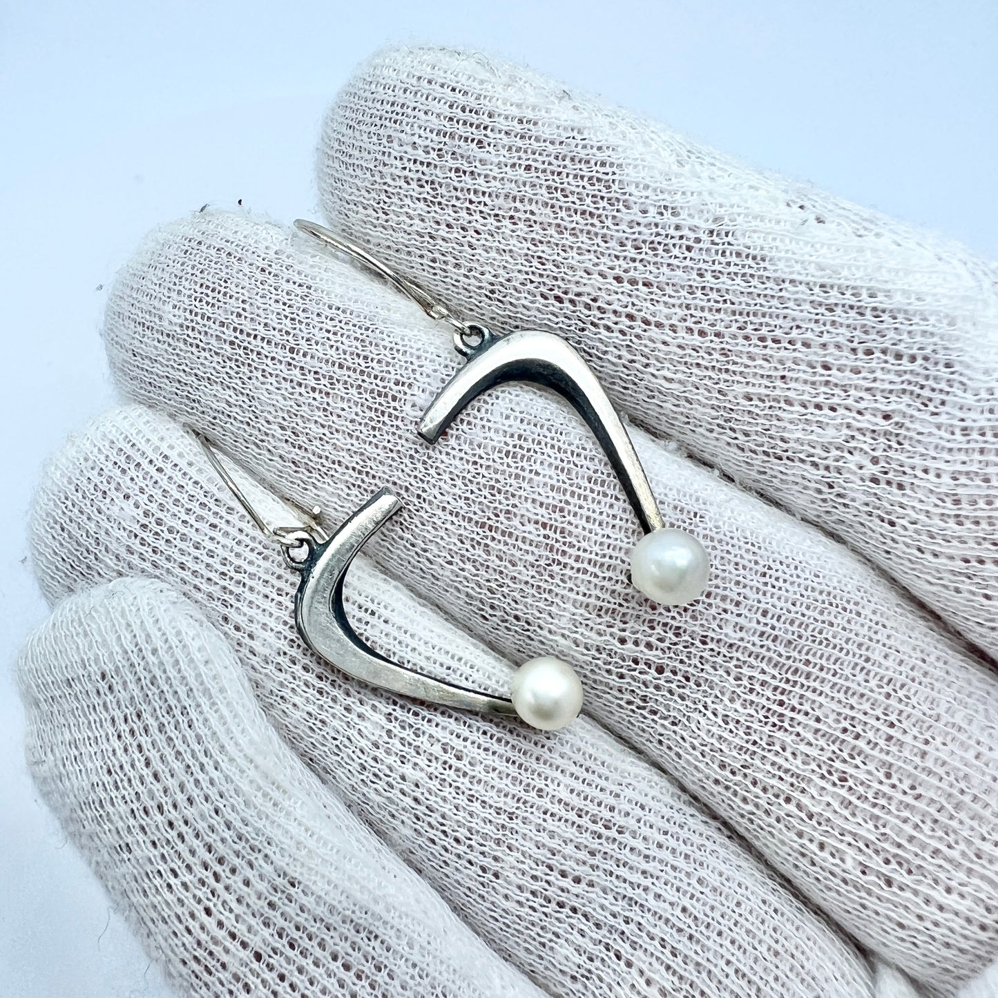 Vintage Sterling Silver Pearl Earrings. Attributed to Esther Lewittes 1950-60s