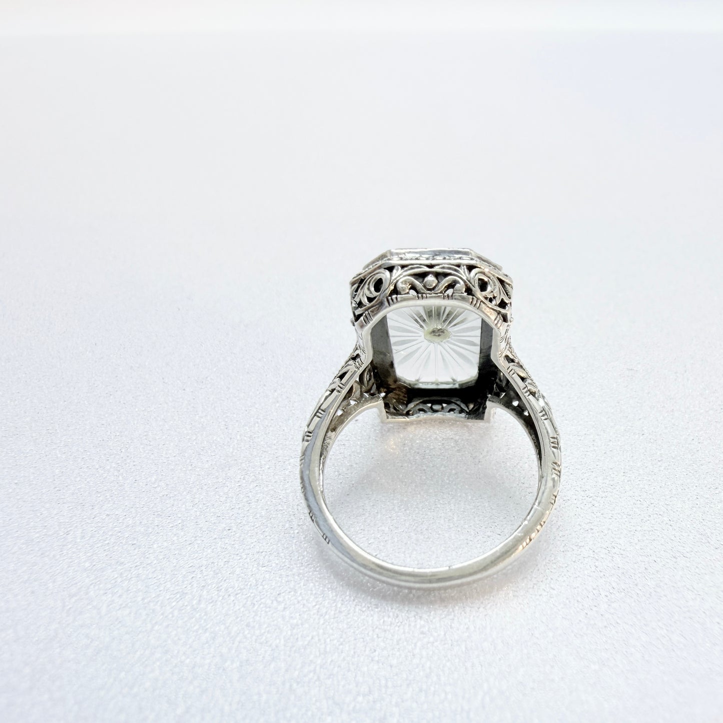 Vintage Sterling Silver Diamond Camphor glass Art Deco-style Ring.