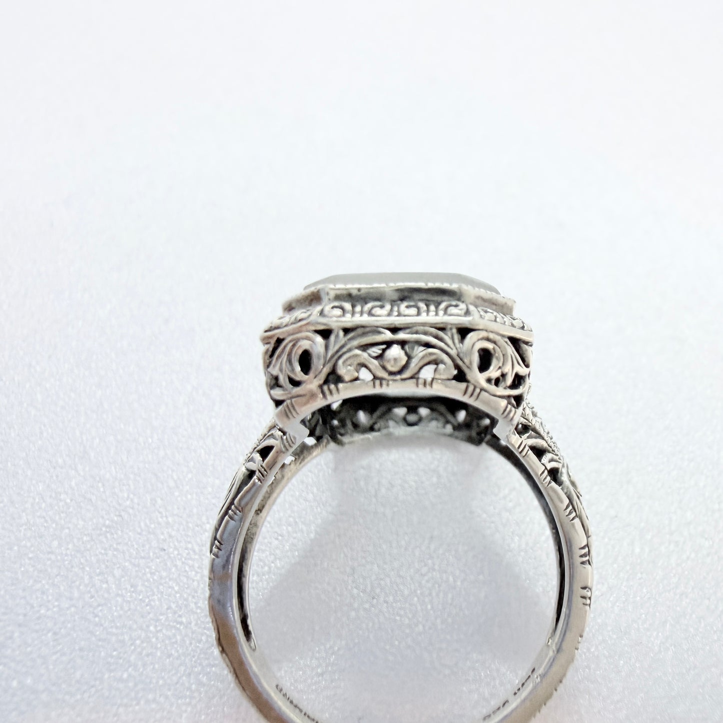 Vintage Sterling Silver Diamond Camphor glass Art Deco-style Ring.