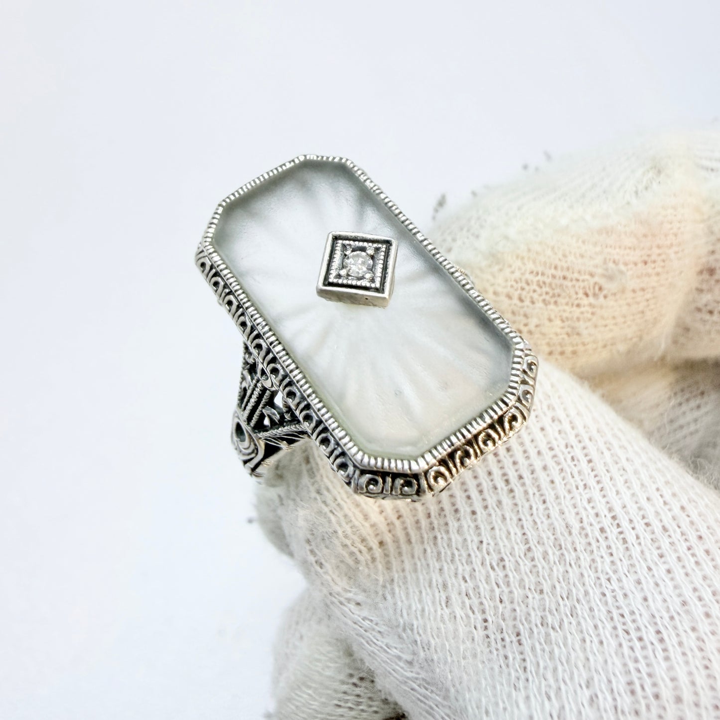 Vintage Sterling Silver Diamond Camphor glass Art Deco-style Ring.