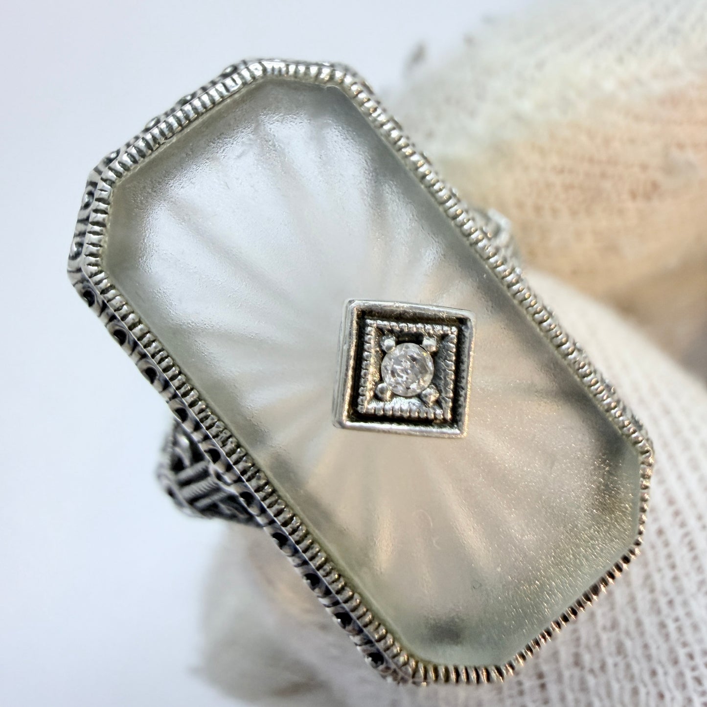 Vintage Sterling Silver Diamond Camphor glass Art Deco-style Ring.