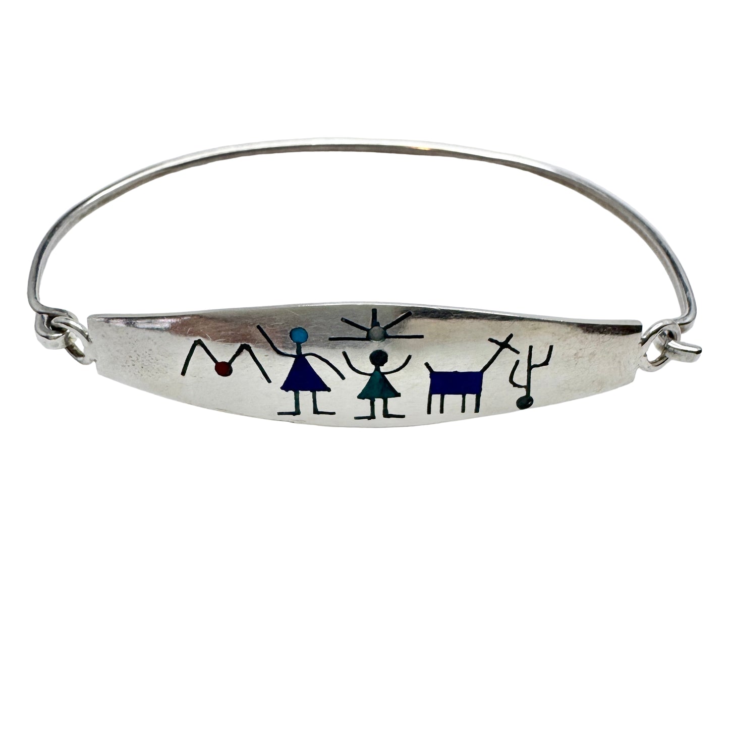 South America , Vintage Sterling Silver Stone Inlay Bangle Bracelet.