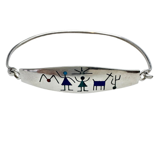 South America , Vintage Sterling Silver Stone Inlay Bangle Bracelet.