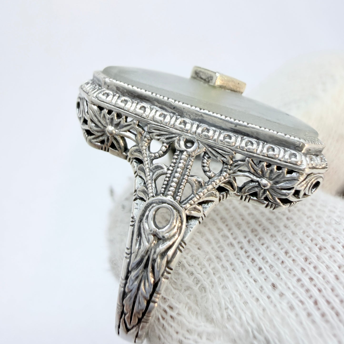 Vintage Sterling Silver Diamond Camphor glass Art Deco-style Ring.