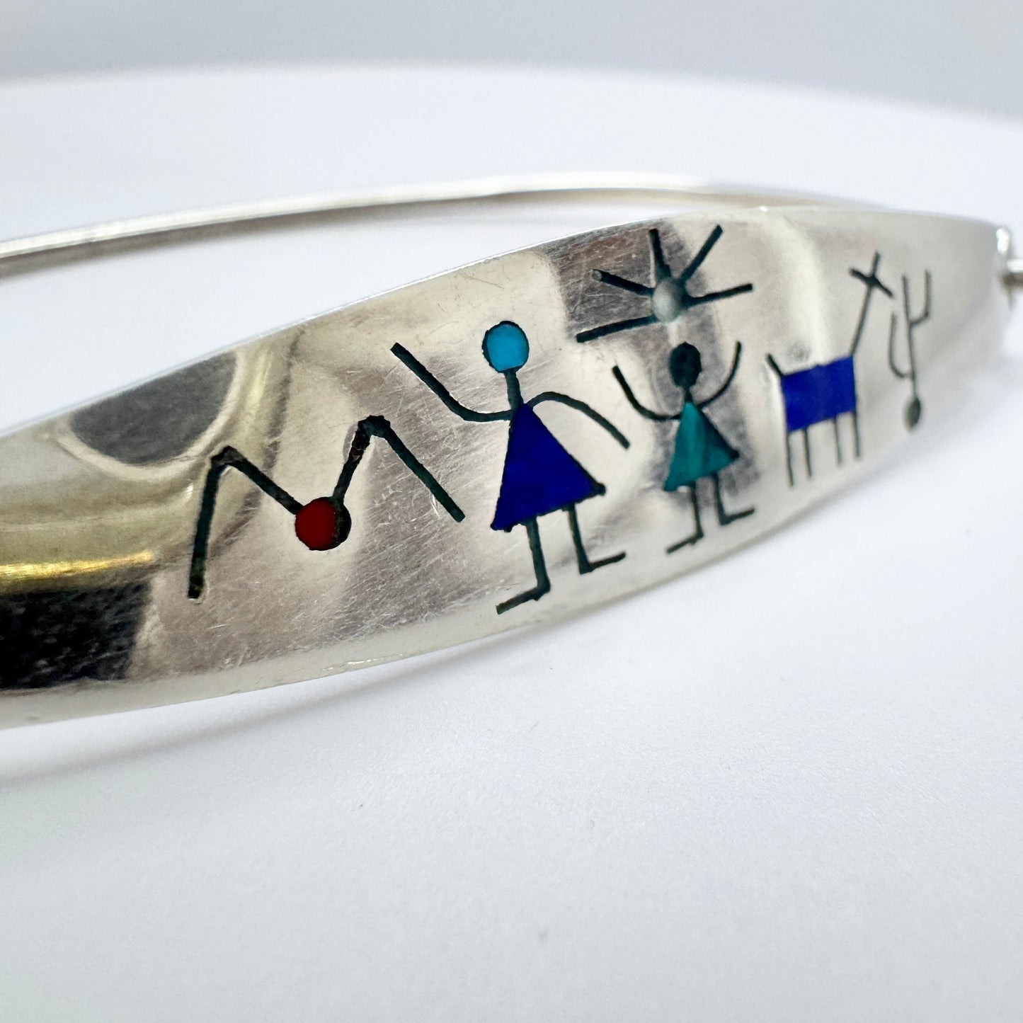 South America , Vintage Sterling Silver Stone Inlay Bangle Bracelet.