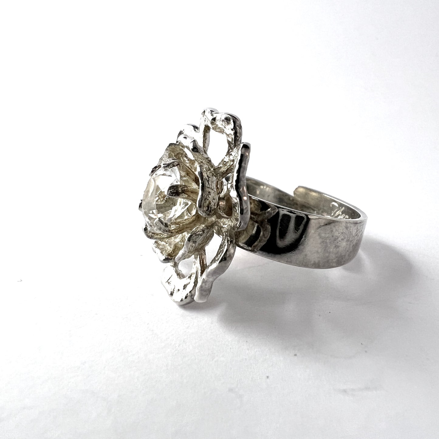 Theresia Hvorslev for MEMA, Sweden 1978. Vintage Sterling Silver rock Crystal Ring. Signed.