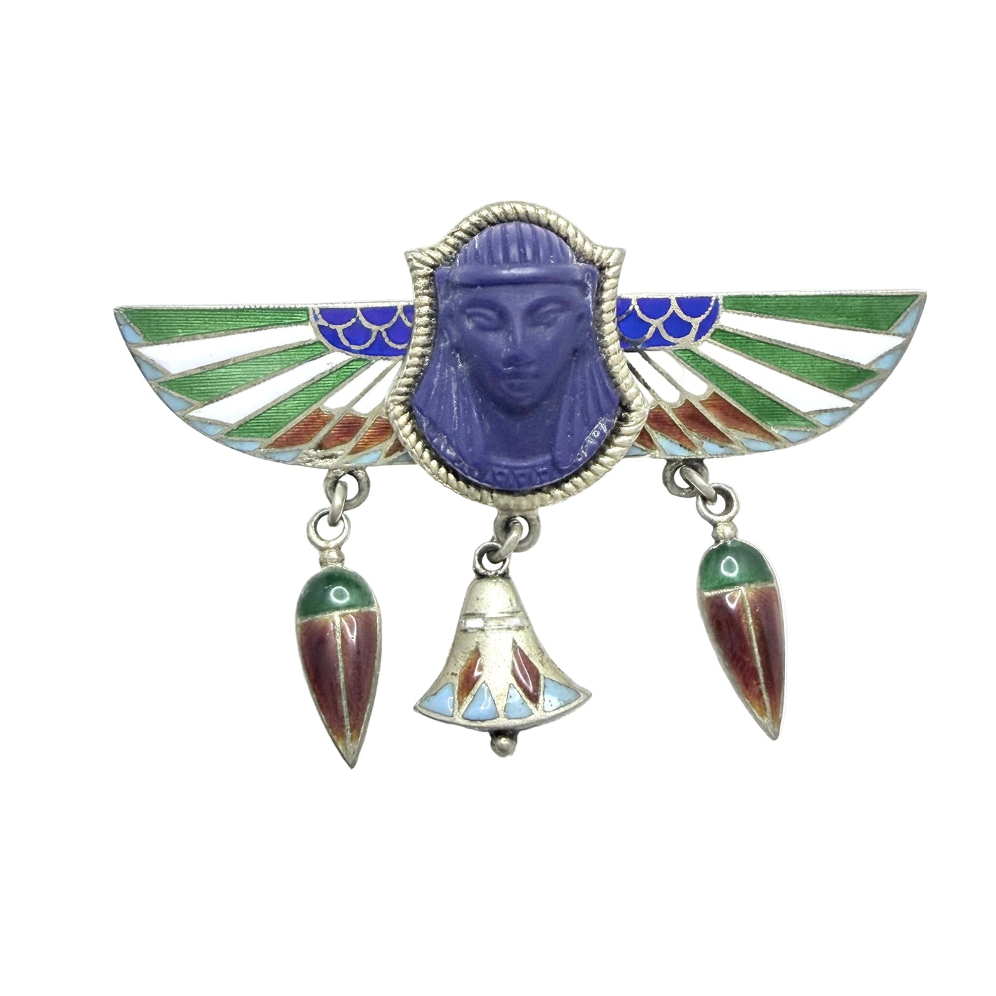 Art Deco Egyptian Revival Silver Enamel Brooch.