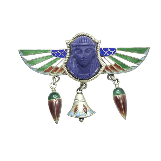 Art Deco Egyptian Revival Silver Enamel Brooch.