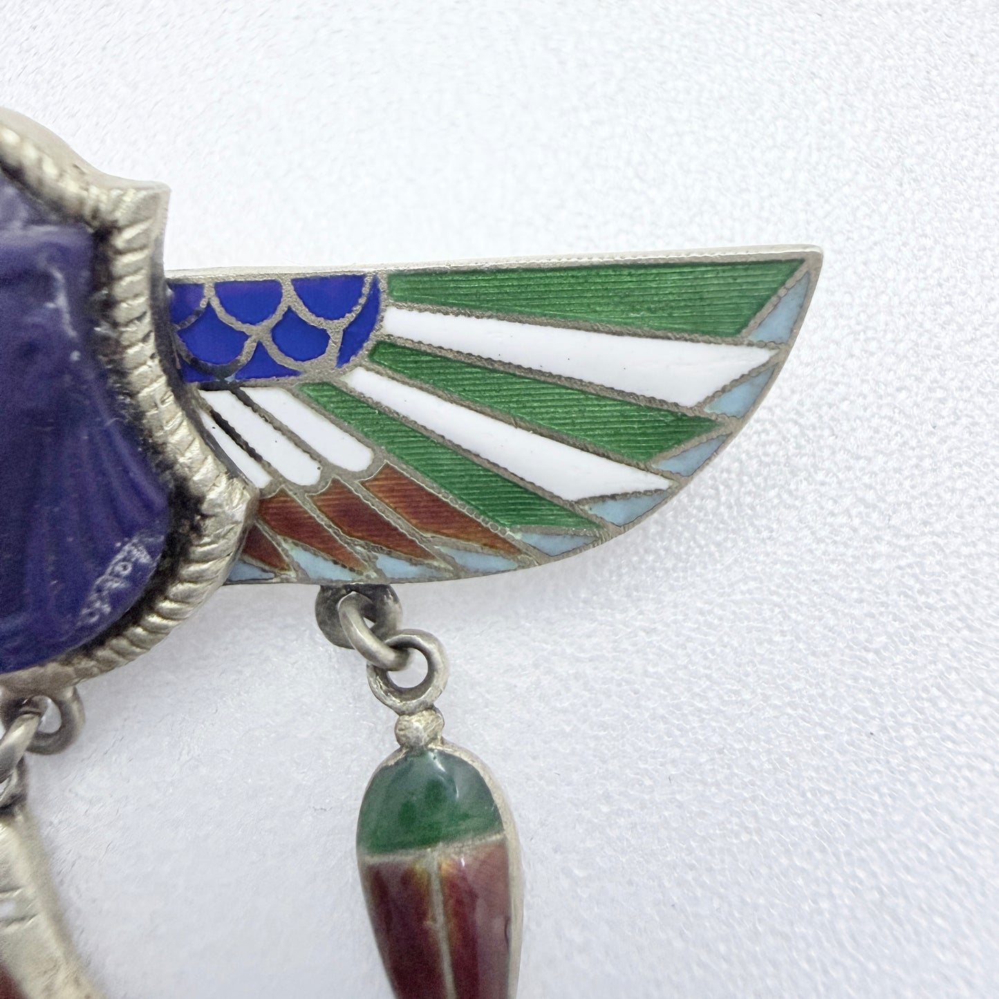 Art Deco Egyptian Revival Silver Enamel Brooch.
