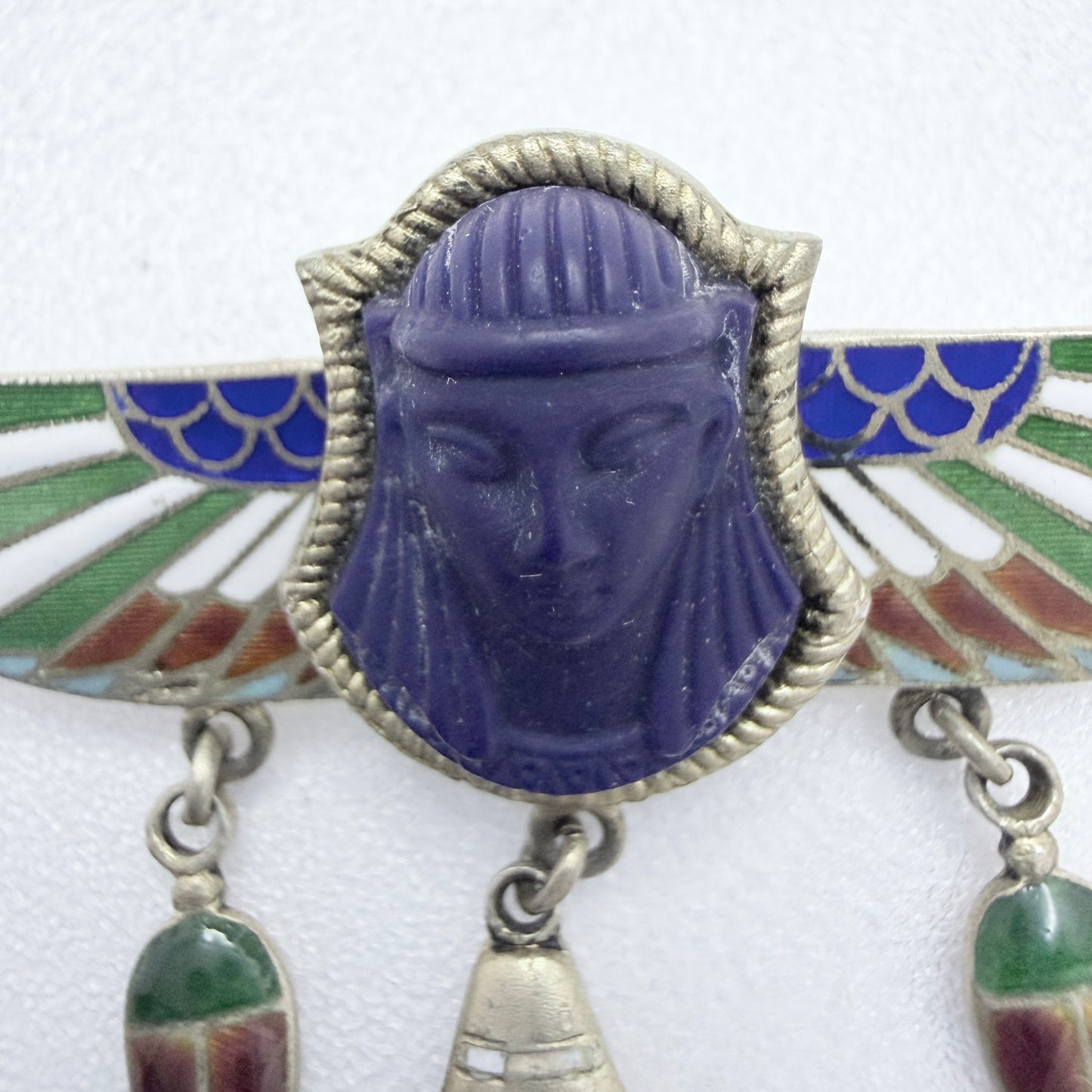 Art Deco Egyptian Revival Silver Enamel Brooch.