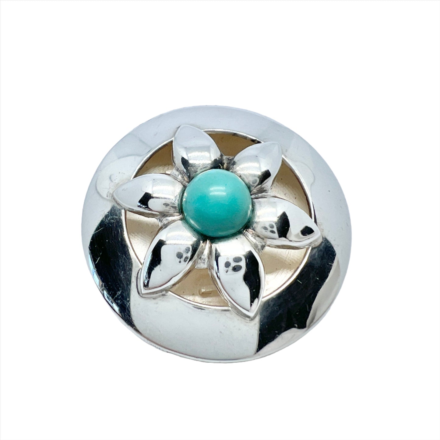 PeGe for Alton, Sweden 1968 Vintage Sterling Silver Turquoise M o P Flower Brooch.