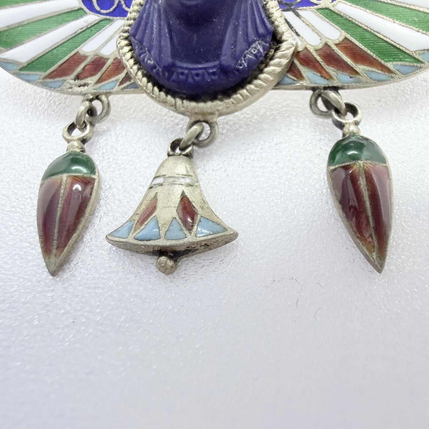 Art Deco Egyptian Revival Silver Enamel Brooch.