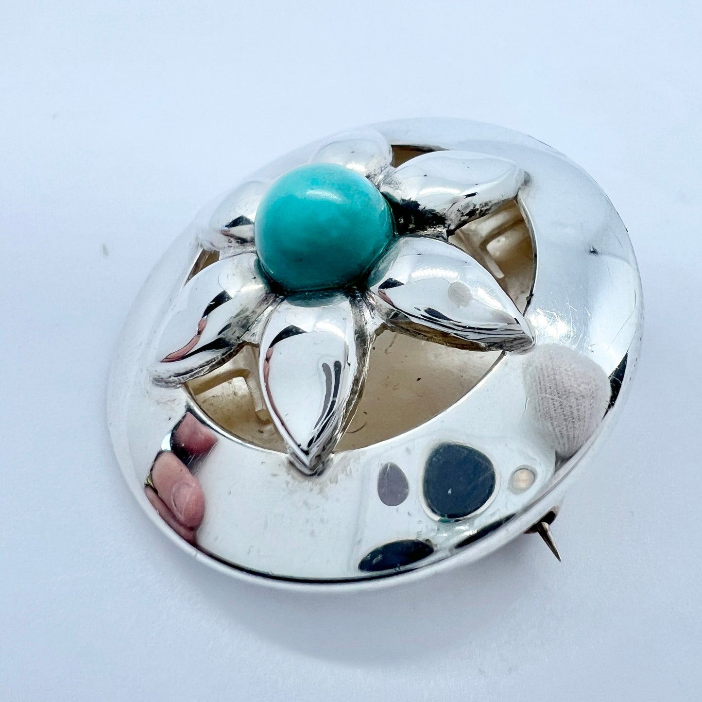 PeGe for Alton, Sweden 1968 Vintage Sterling Silver Turquoise M o P Flower Brooch.