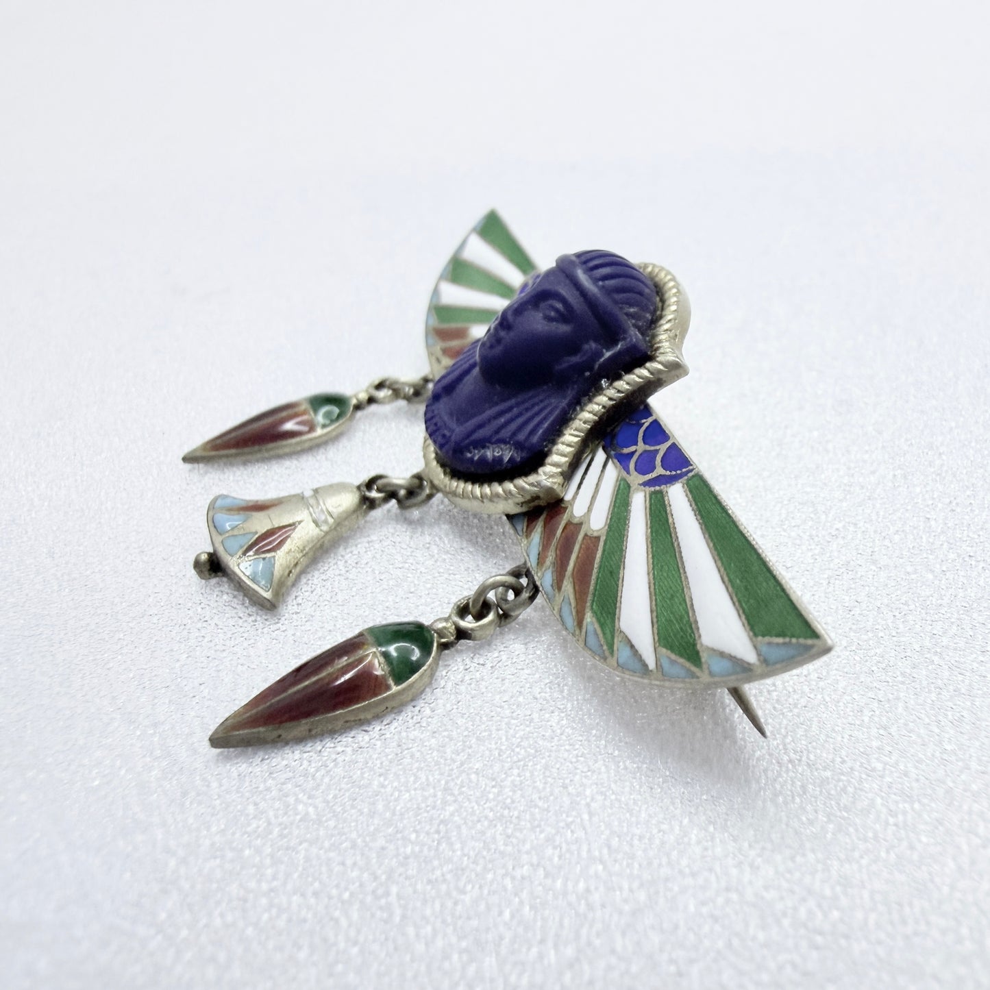Art Deco Egyptian Revival Silver Enamel Brooch.