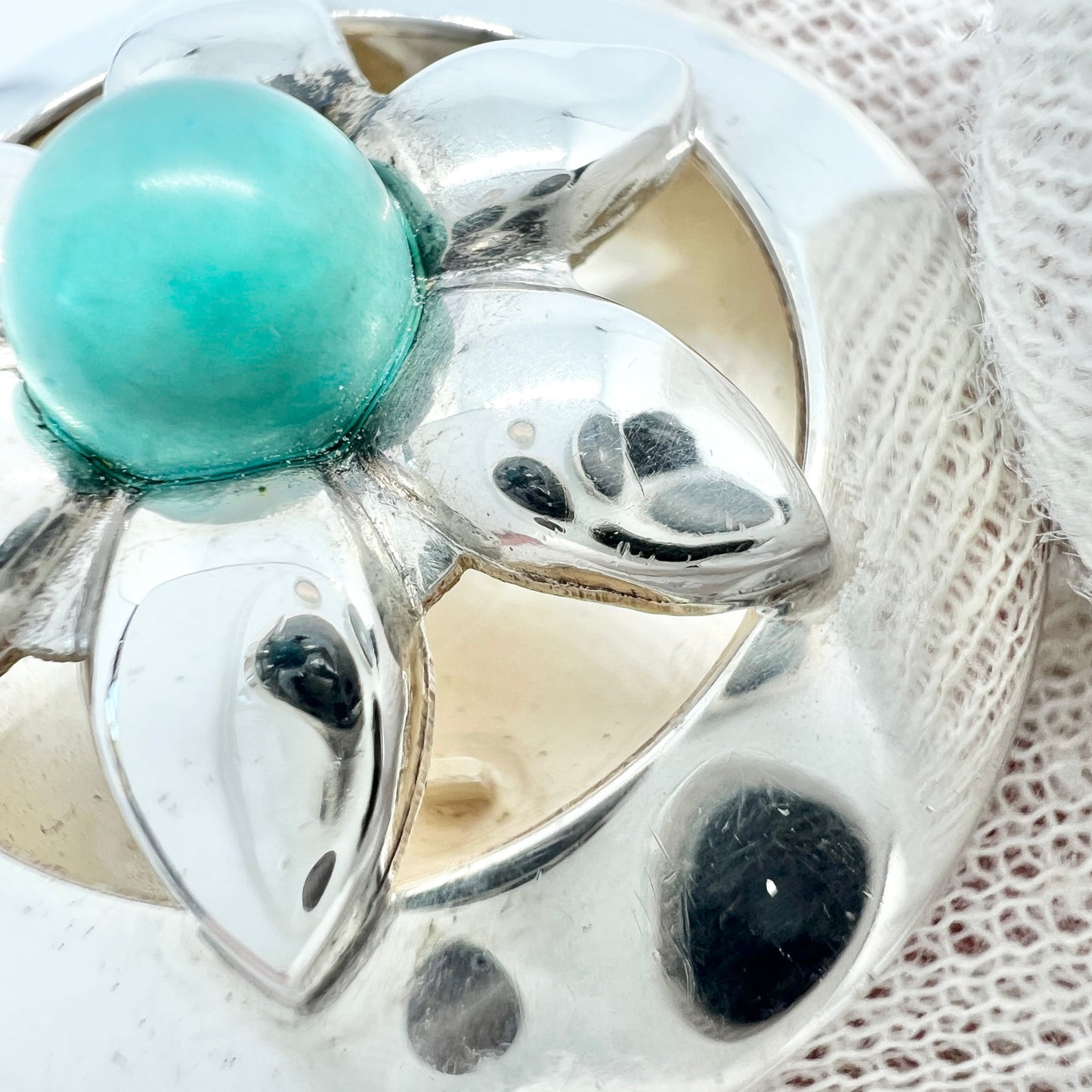 PeGe for Alton, Sweden 1968 Vintage Sterling Silver Turquoise M o P Flower Brooch.