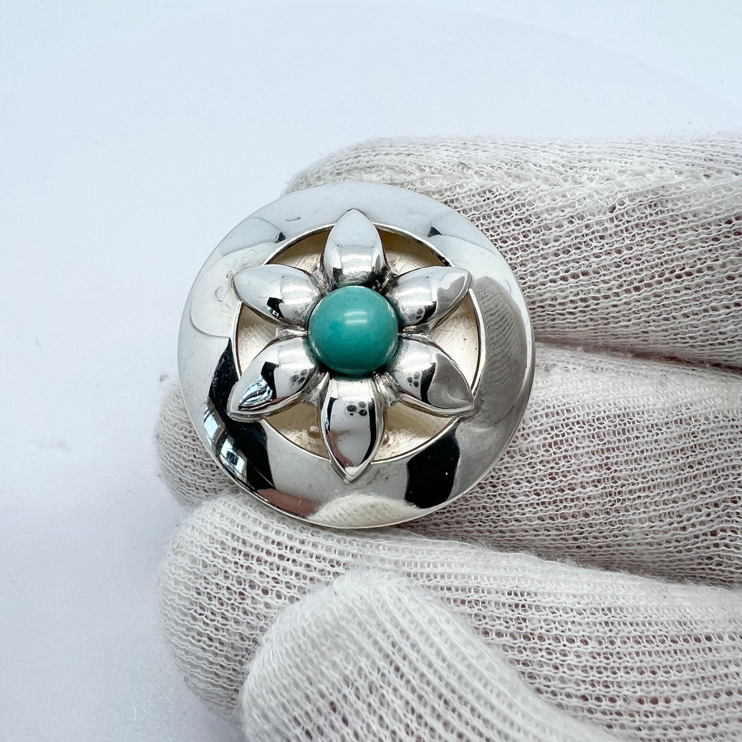 PeGe for Alton, Sweden 1968 Vintage Sterling Silver Turquoise M o P Flower Brooch.