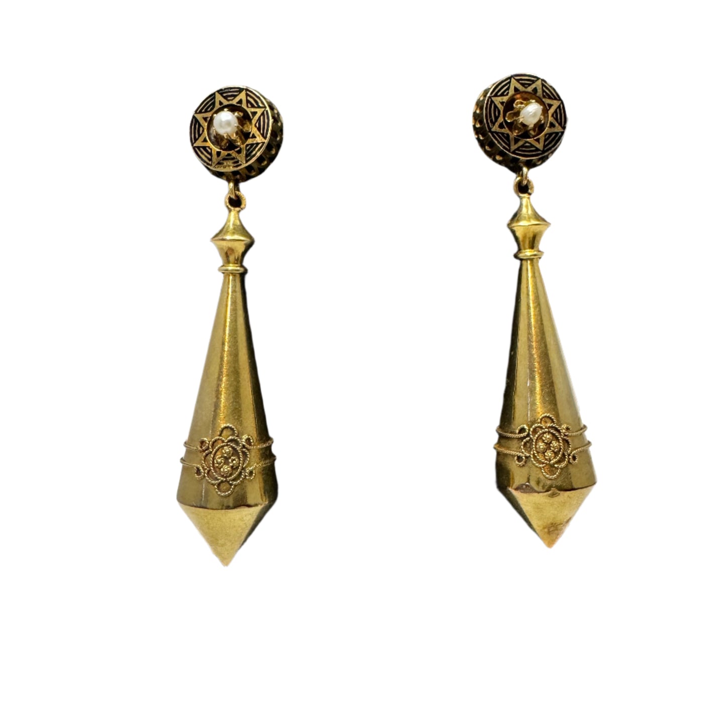 L Larsson, Sweden. Antique Victorian Etruscan Revival 18k Gold Enamel Pearl Torpedo Earrings.