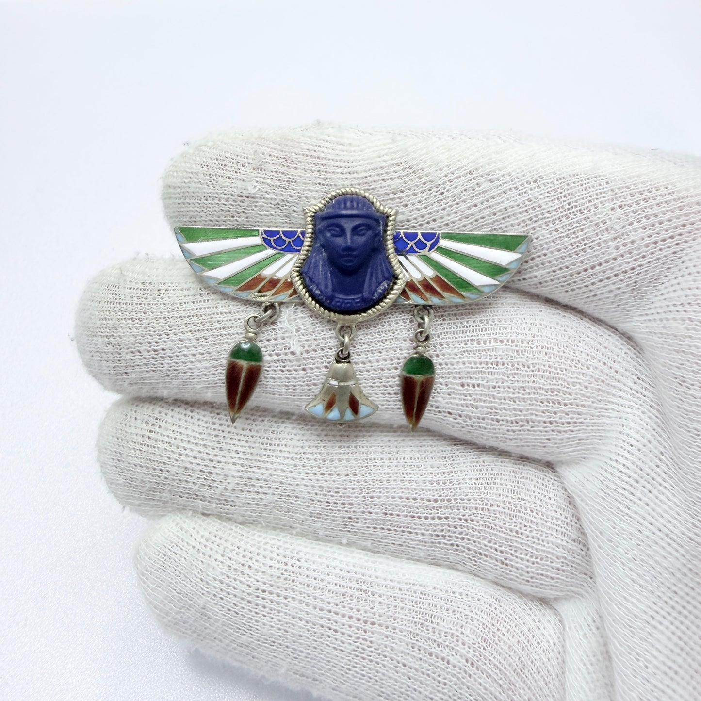 Art Deco Egyptian Revival Silver Enamel Brooch.