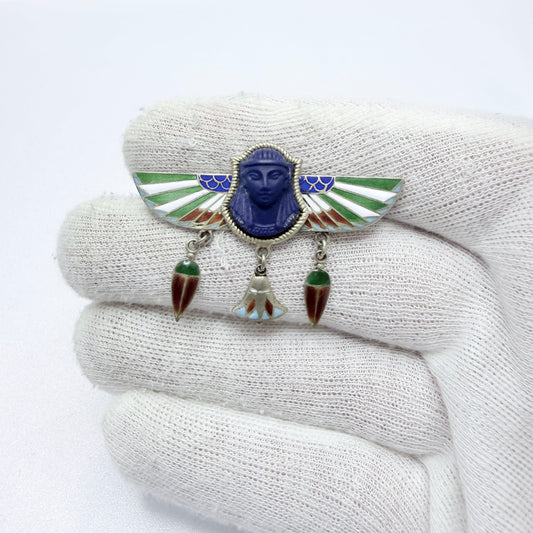 Art Deco Egyptian Revival Silver Enamel Brooch.