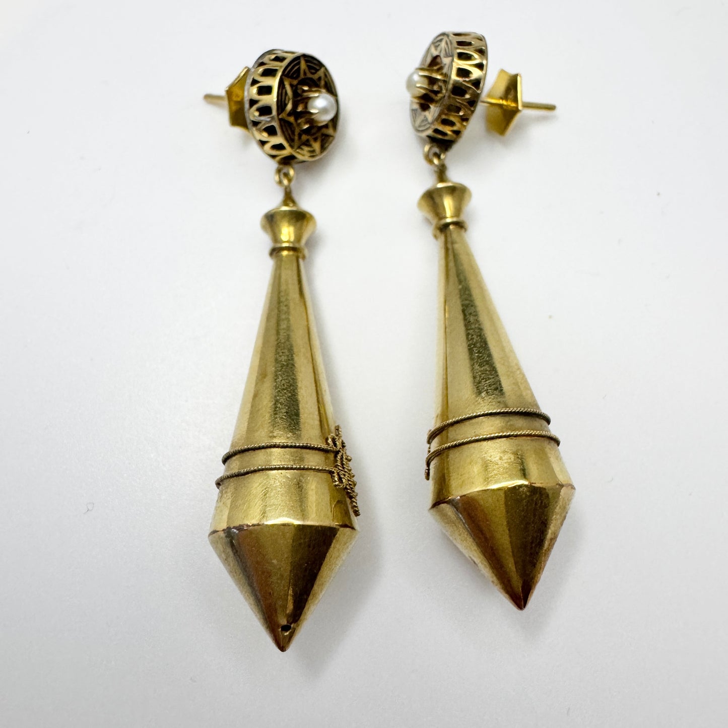 L Larsson, Sweden. Antique Victorian Etruscan Revival 18k Gold Enamel Pearl Torpedo Earrings.