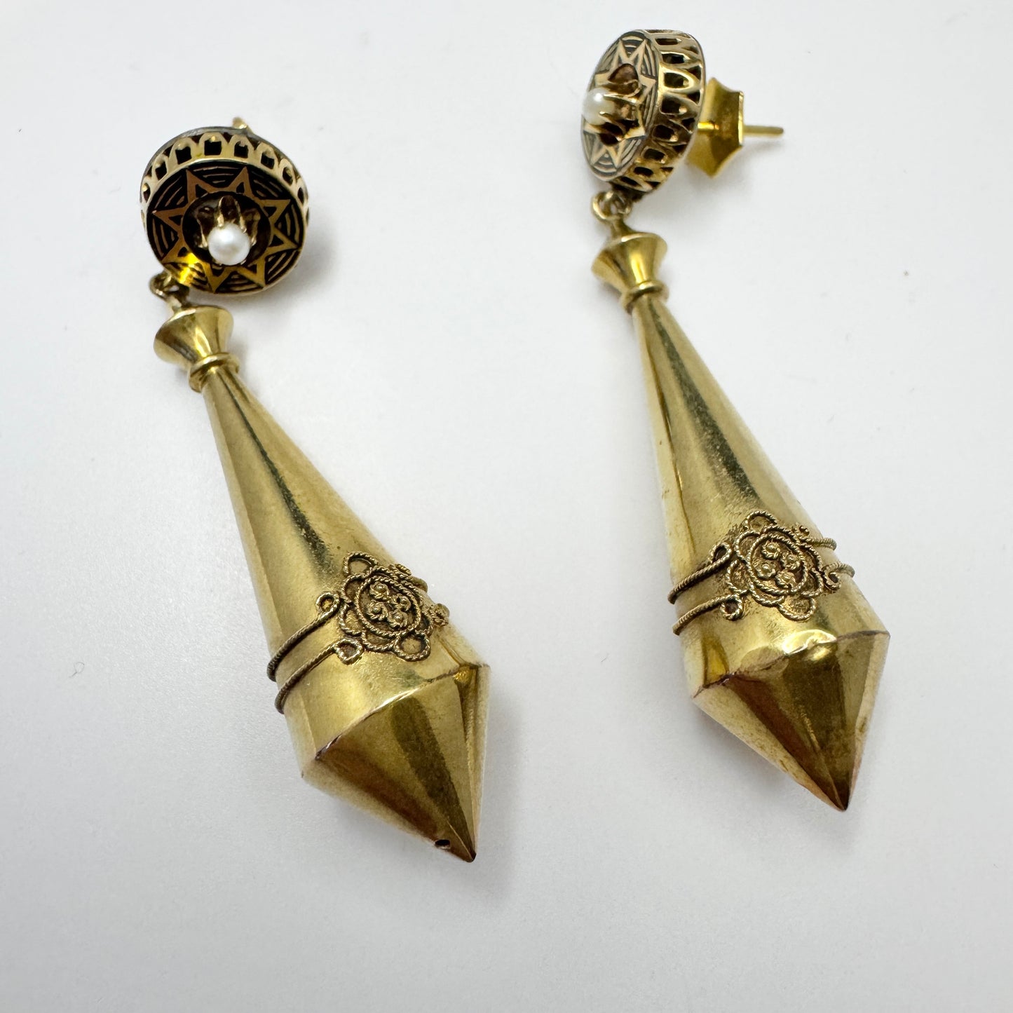 L Larsson, Sweden. Antique Victorian Etruscan Revival 18k Gold Enamel Pearl Torpedo Earrings.