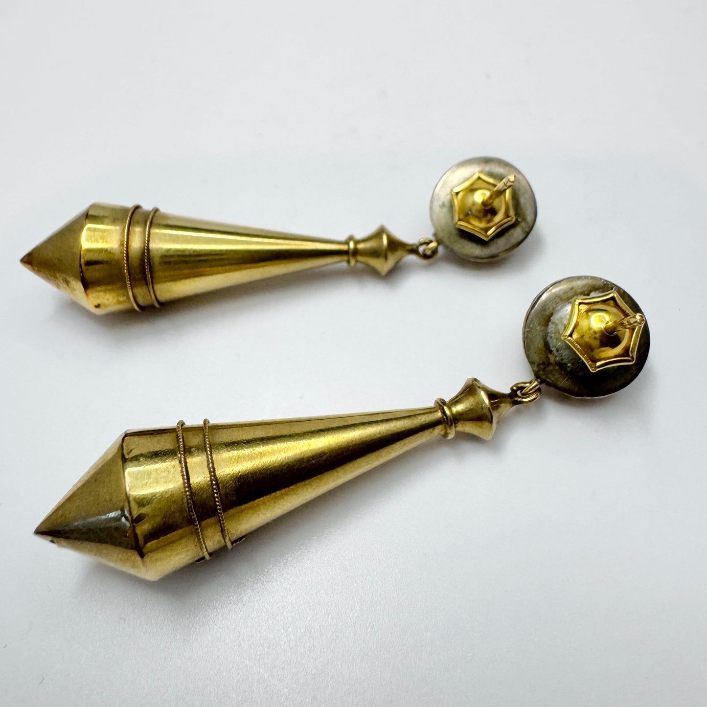 L Larsson, Sweden. Antique Victorian Etruscan Revival 18k Gold Enamel Pearl Torpedo Earrings.
