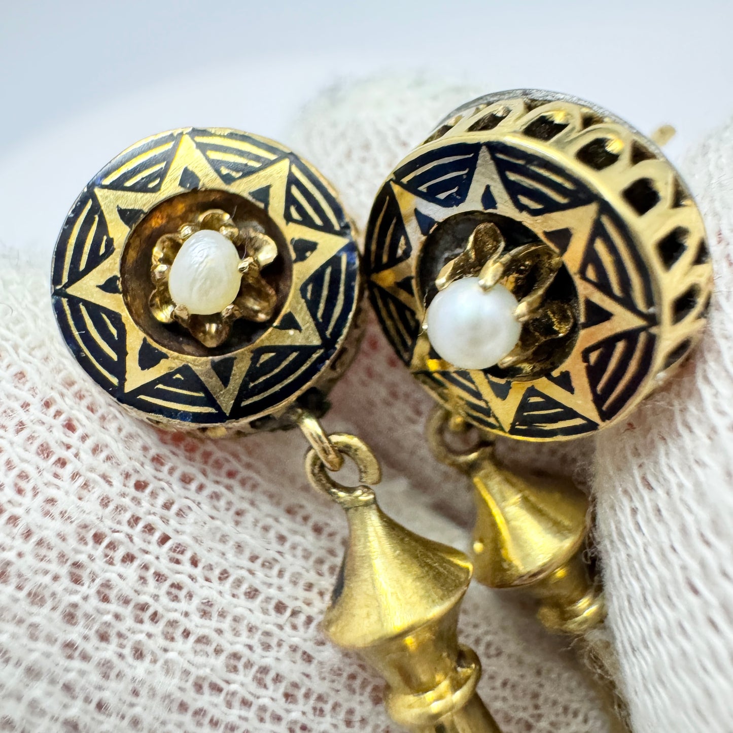 L Larsson, Sweden. Antique Victorian Etruscan Revival 18k Gold Enamel Pearl Torpedo Earrings.