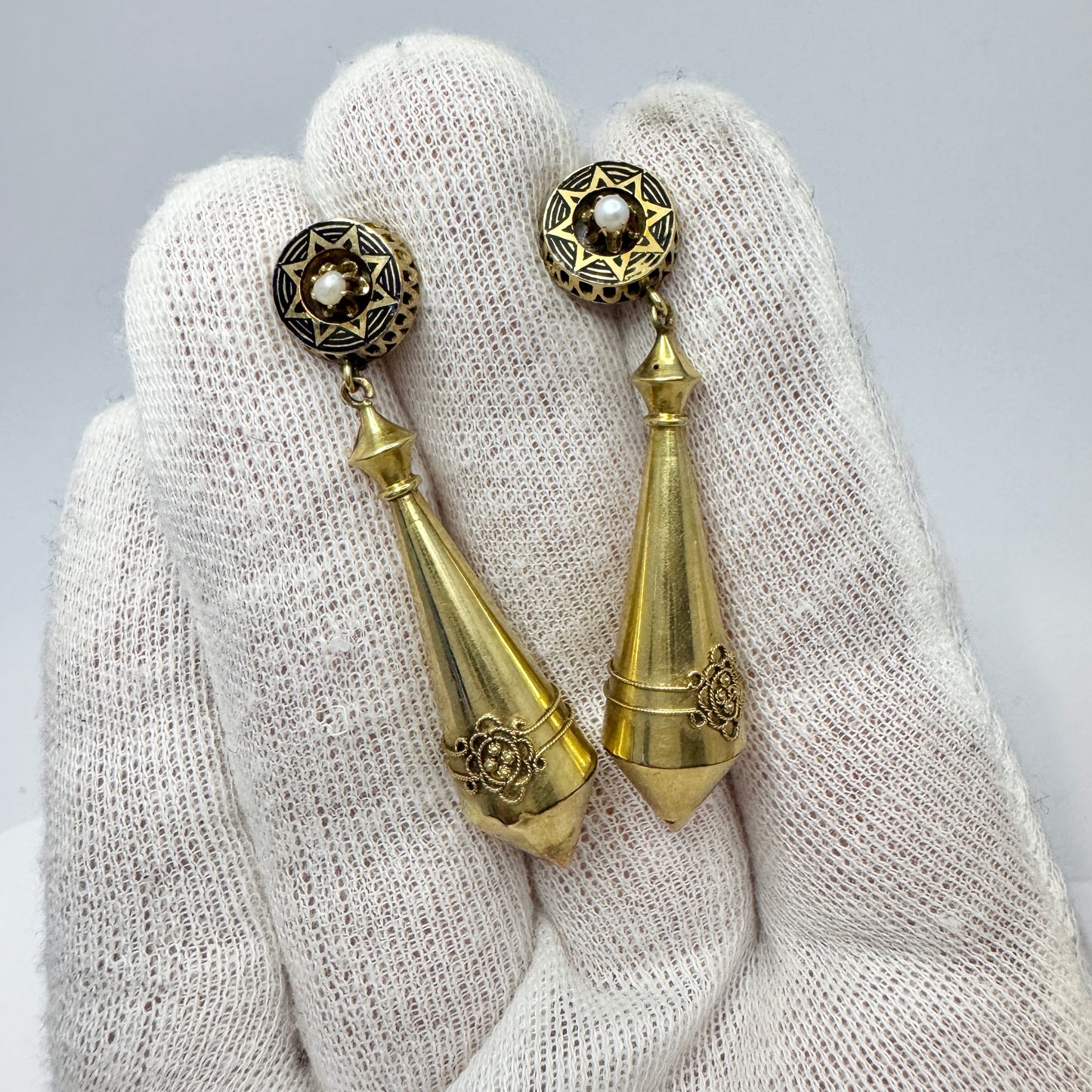 L Larsson, Sweden. Antique Victorian Etruscan Revival 18k Gold Enamel Pearl Torpedo Earrings.