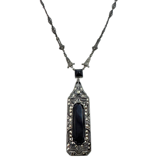 Sweden ca 1930. Vintage Art Deco Sterling Silver Onyx Marcasite Necklace.