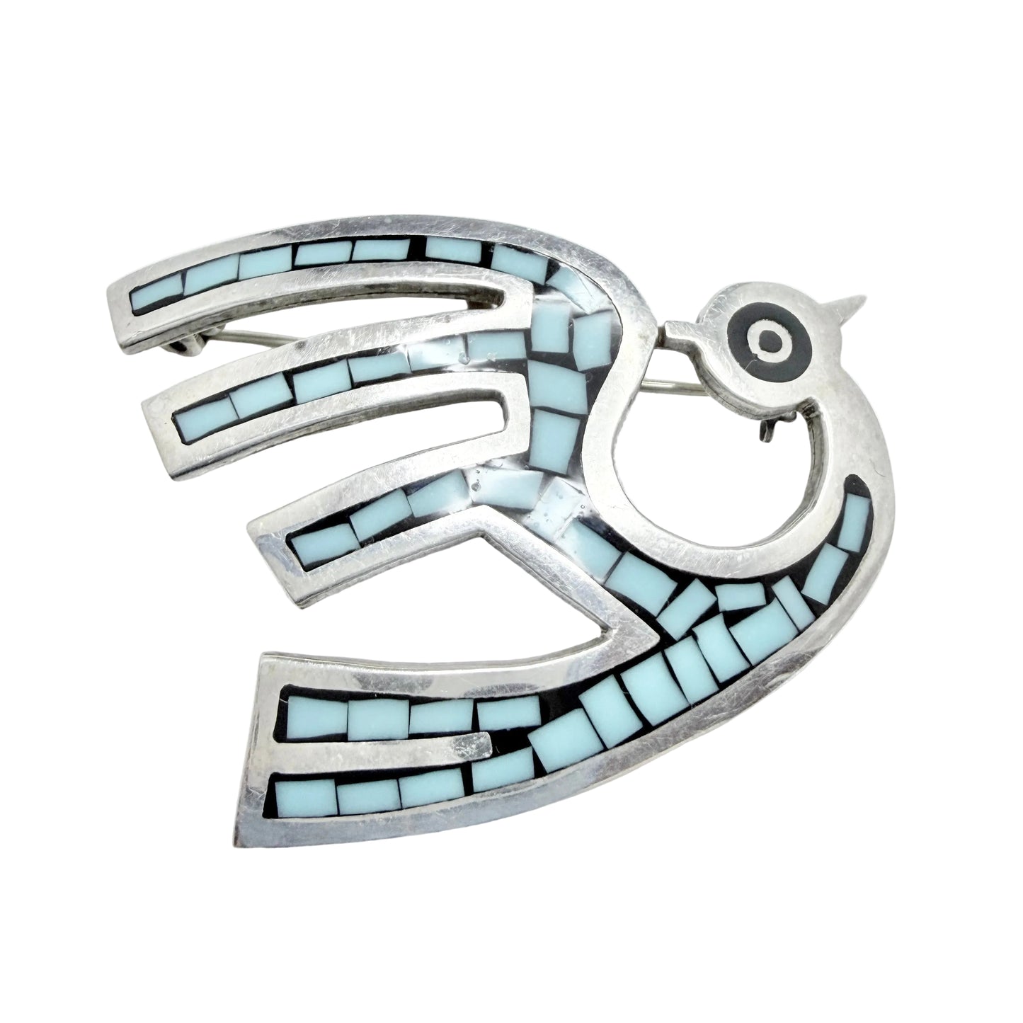 Vintage Sterling Silver Turquoise Inlay Bird Brooch.