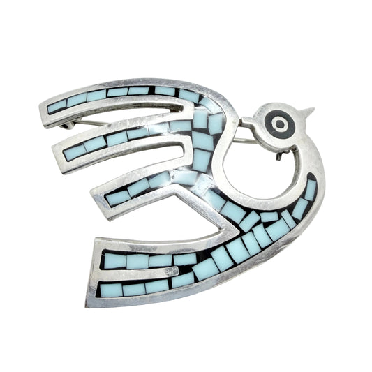 Vintage Sterling Silver Turquoise Inlay Bird Brooch.