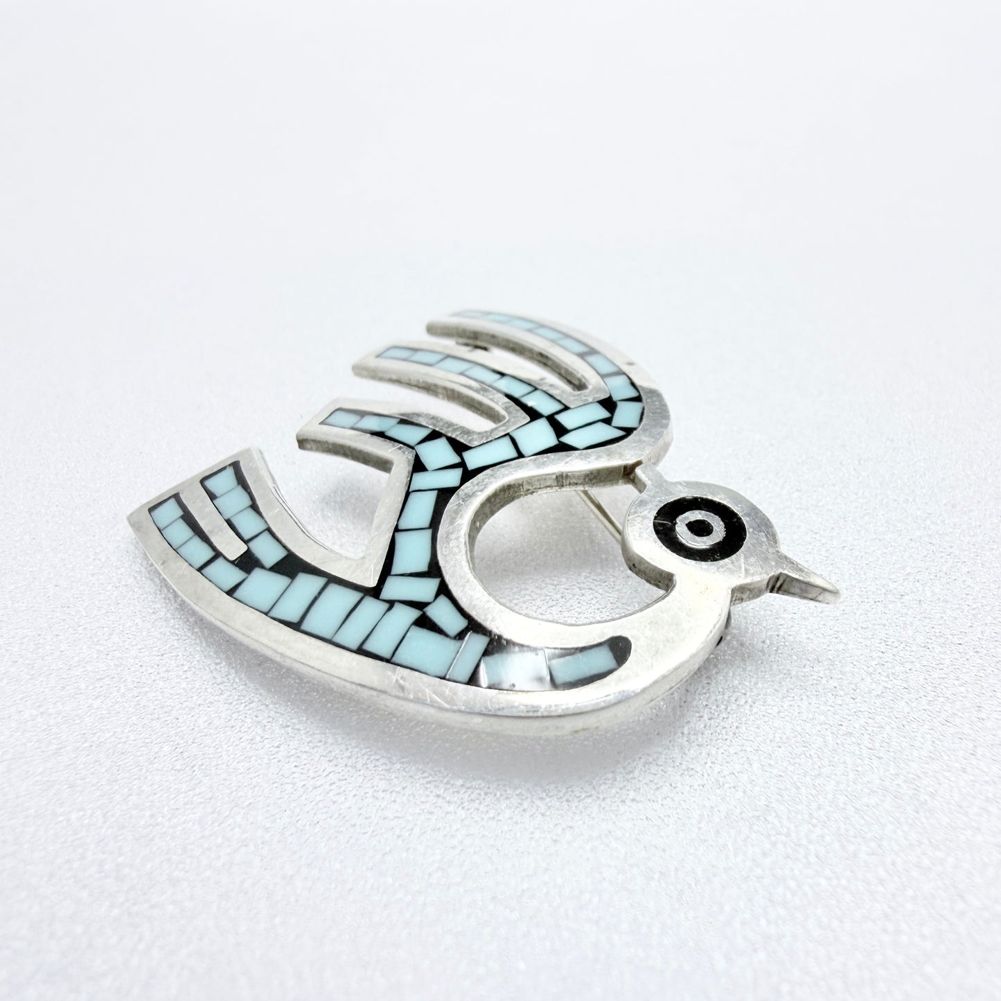 Vintage Sterling Silver Turquoise Inlay Bird Brooch.