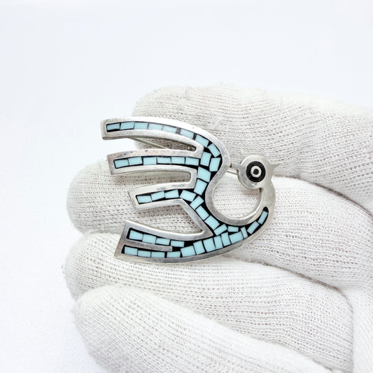 Vintage Sterling Silver Turquoise Inlay Bird Brooch.