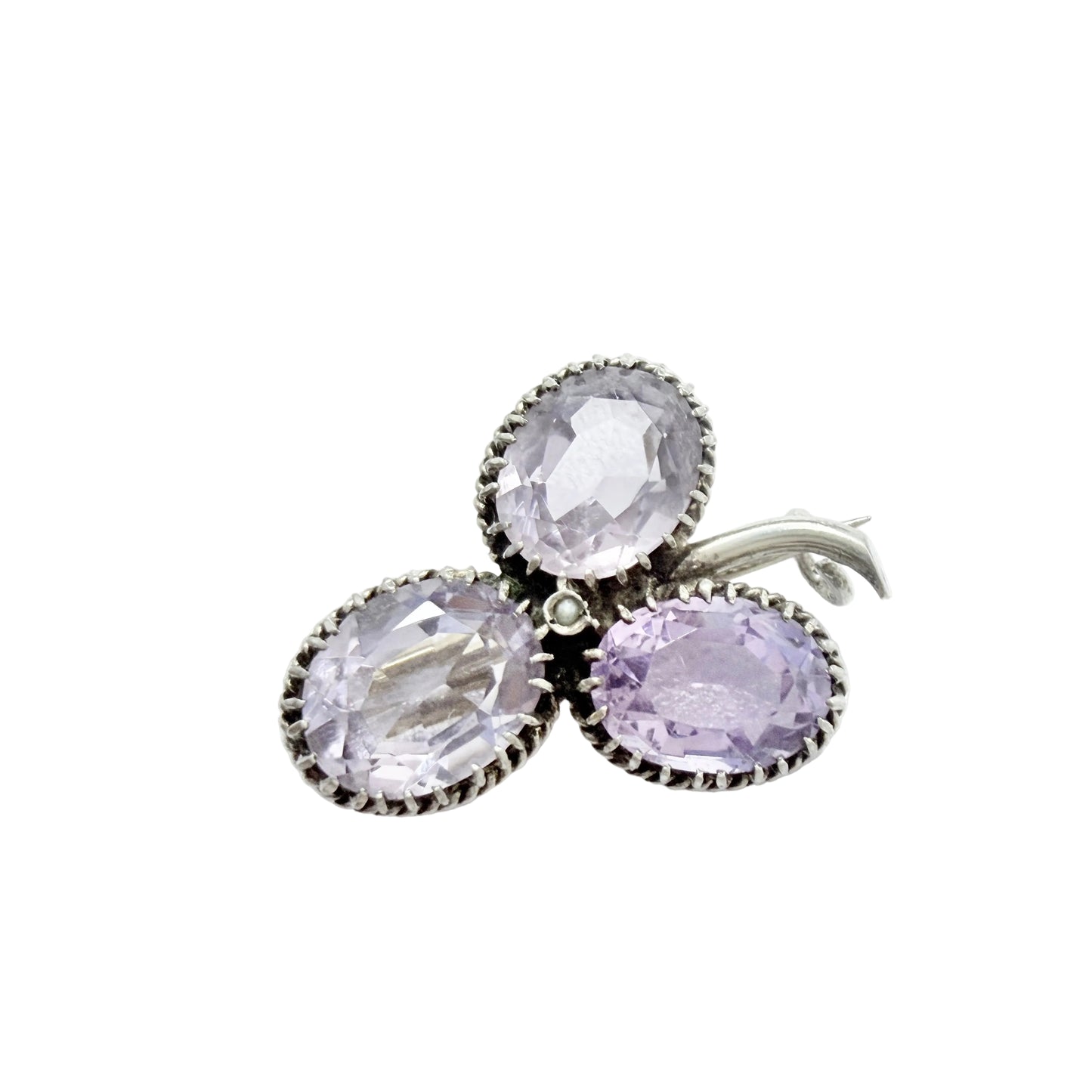 Early 1900s. Solid Silver Amethyst Seed-pearl Brooch.