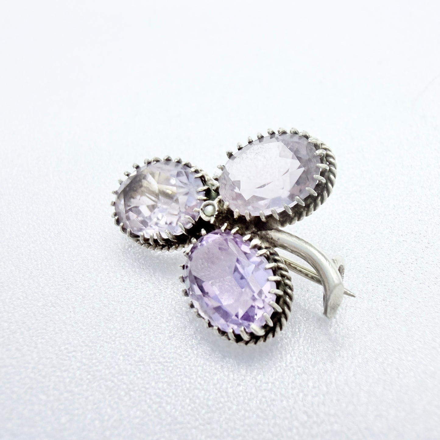 Early 1900s. Solid Silver Amethyst Seed-pearl Brooch.