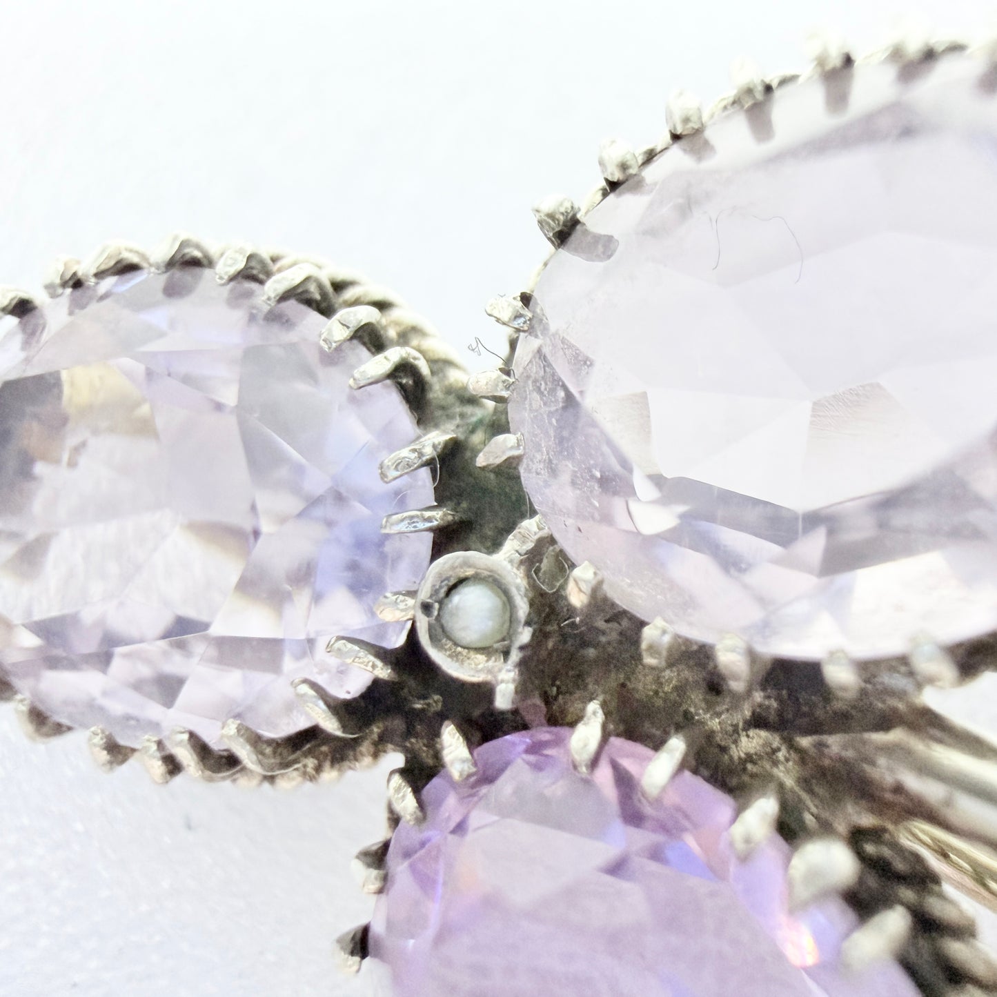 Early 1900s. Solid Silver Amethyst Seed-pearl Brooch.