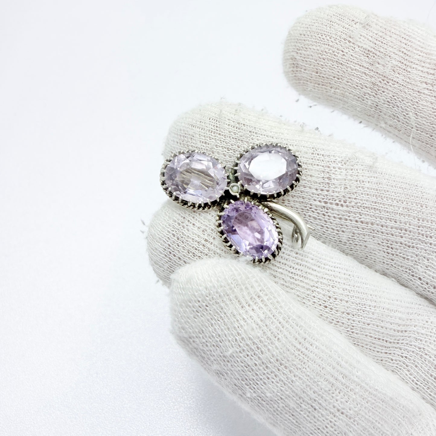 Early 1900s. Solid Silver Amethyst Seed-pearl Brooch.
