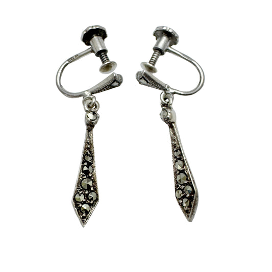 JLH Sterling. Vintage ca 1940 Sterling Silver Marcasite Earrings.