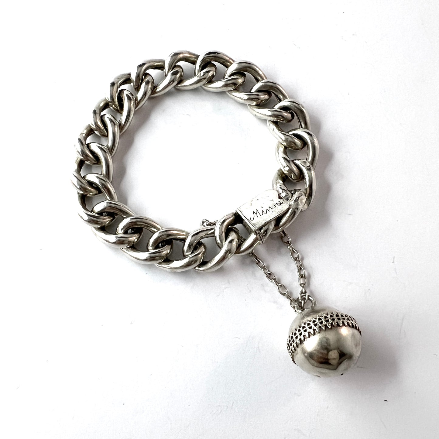 Sweden early 1900s. Antique Memory Silver Bracelet with Troll Ball Charm