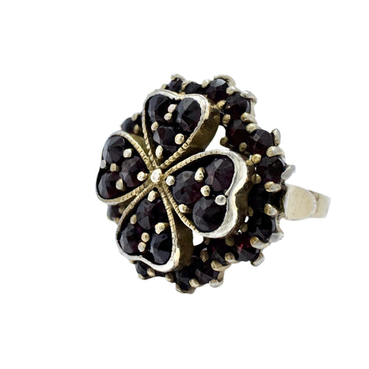 Vintage Solid Silver Bohemian Garnet Four-leaf Clover Ring.