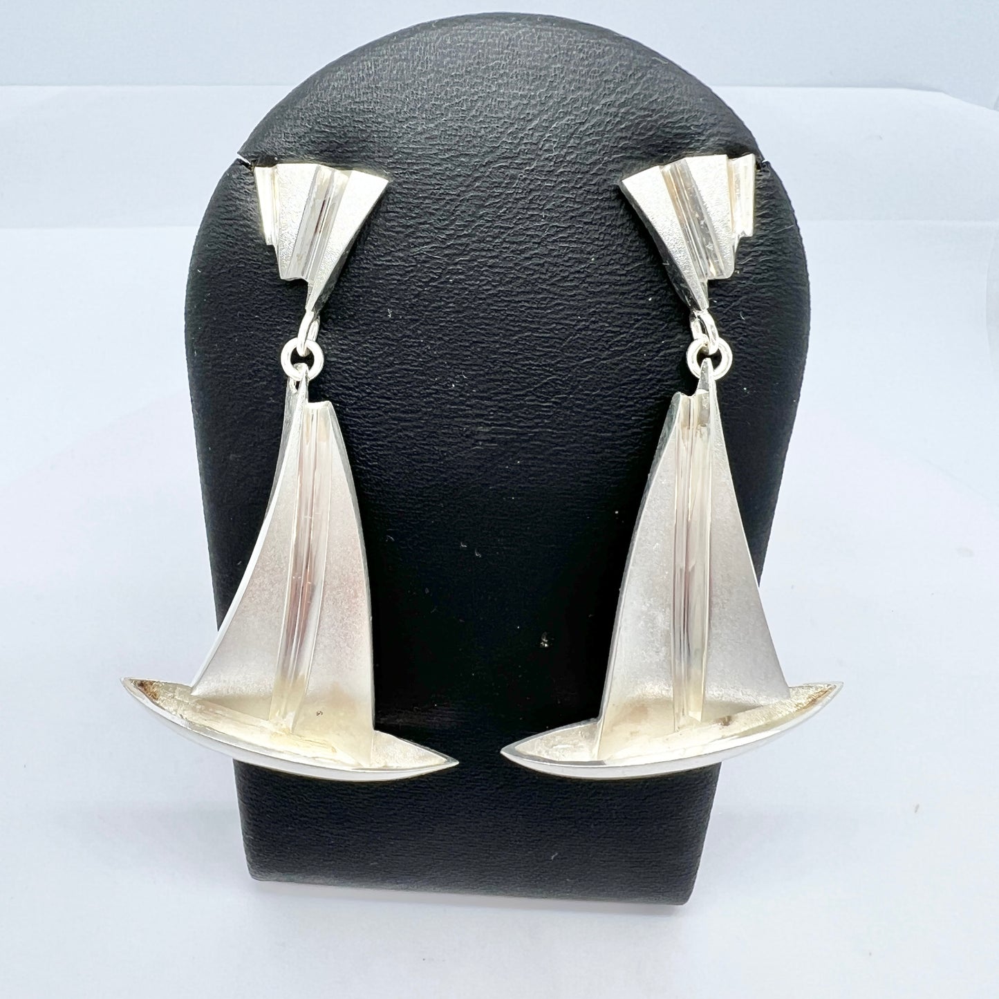 Matti J Hyvärinen, Finland c 1970s. Large Vintage Sterling Silver Sailing Boat Earrings. Signed.